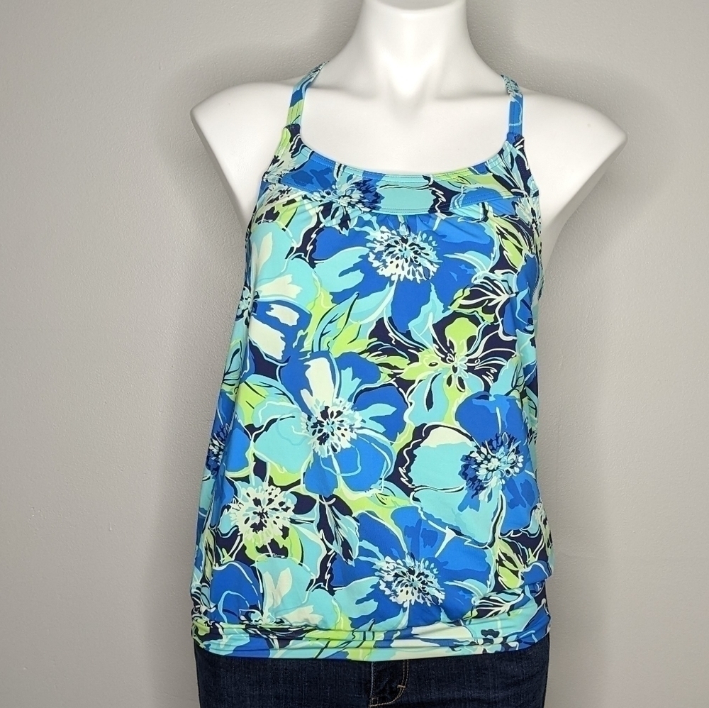 Lands' End blue green floral tankini swim top 2